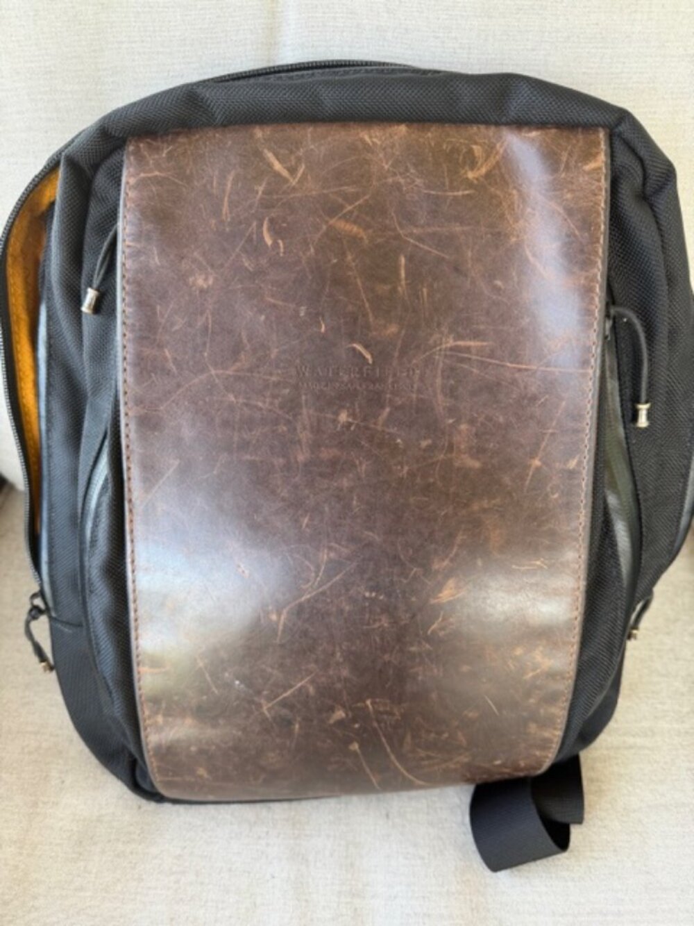 Men's Distressed Brown Leather-Front Backpack with Black Fabric